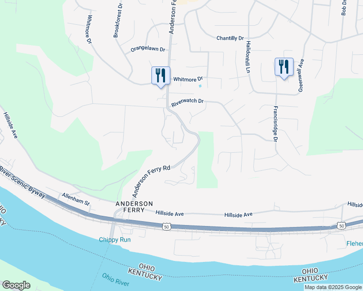 map of restaurants, bars, coffee shops, grocery stores, and more near 161 Anderson Ferry Road in Cincinnati