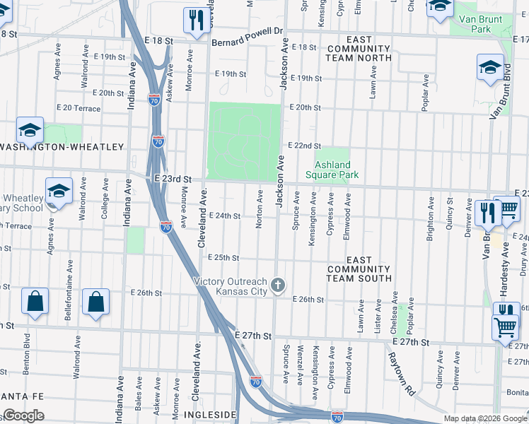 map of restaurants, bars, coffee shops, grocery stores, and more near 2339 Norton Avenue in Kansas City