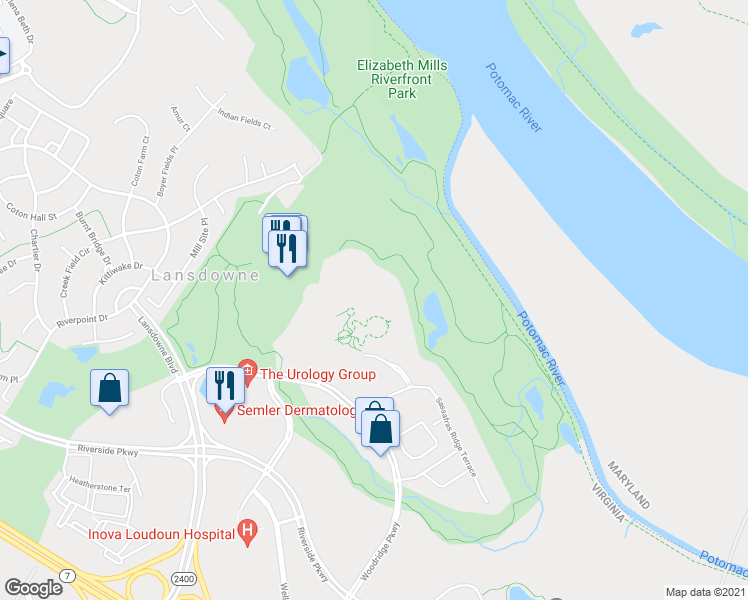 map of restaurants, bars, coffee shops, grocery stores, and more near 19350 Magnolia Grove Square in Leesburg