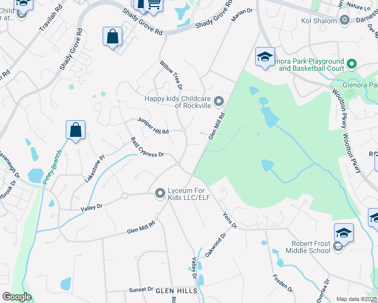 map of restaurants, bars, coffee shops, grocery stores, and more near 13711 Willow Tree Drive in Rockville