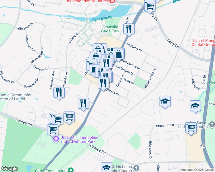 map of restaurants, bars, coffee shops, grocery stores, and more near 13929 Baltimore Avenue in Laurel