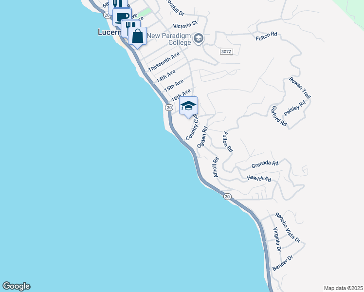 map of restaurants, bars, coffee shops, grocery stores, and more near 6513 State Highway 20 in Lucerne