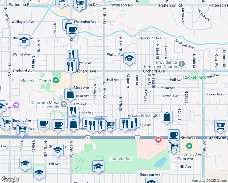 map of restaurants, bars, coffee shops, grocery stores, and more near 1648 North 16th Street in Grand Junction