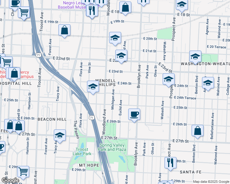 map of restaurants, bars, coffee shops, grocery stores, and more near 1902 East 24th Terrace in Kansas City