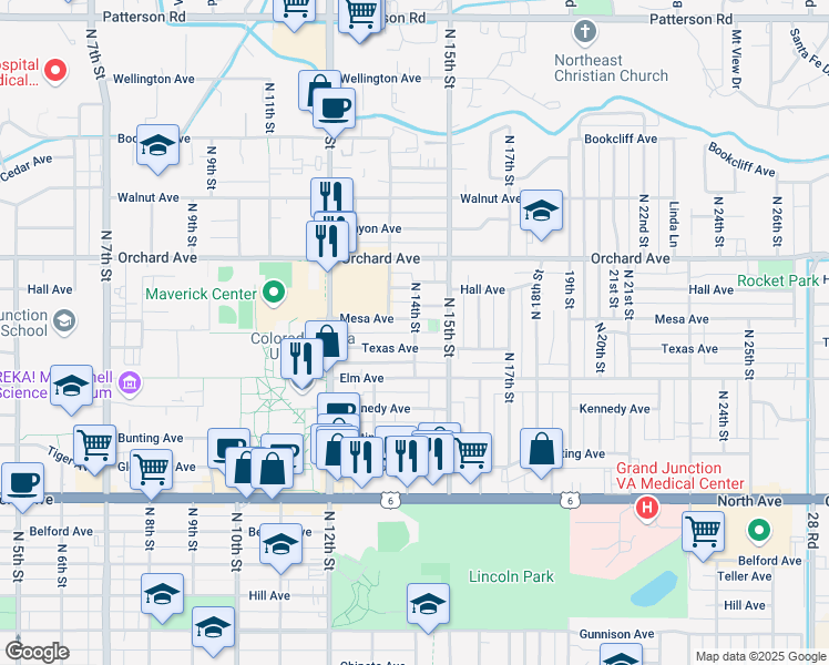 map of restaurants, bars, coffee shops, grocery stores, and more near 1652 North 14th Street in Grand Junction