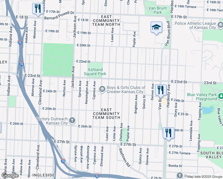 map of restaurants, bars, coffee shops, grocery stores, and more near 2333 Lawn Avenue in Kansas City