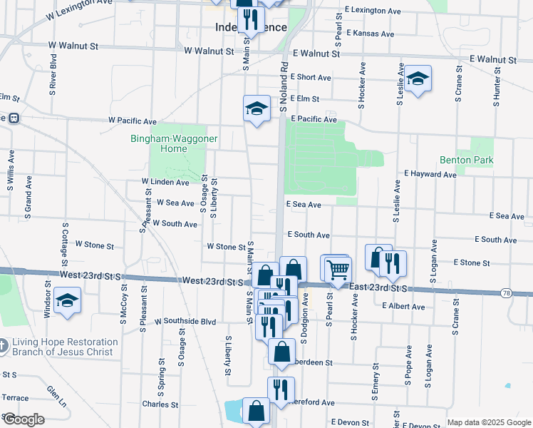 map of restaurants, bars, coffee shops, grocery stores, and more near 912 South Noland Road in Independence