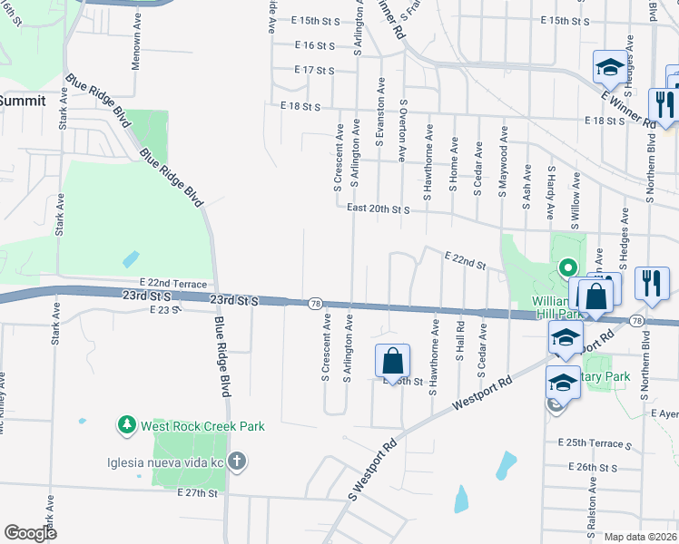 map of restaurants, bars, coffee shops, grocery stores, and more near 2210 South Arlington Avenue in Independence