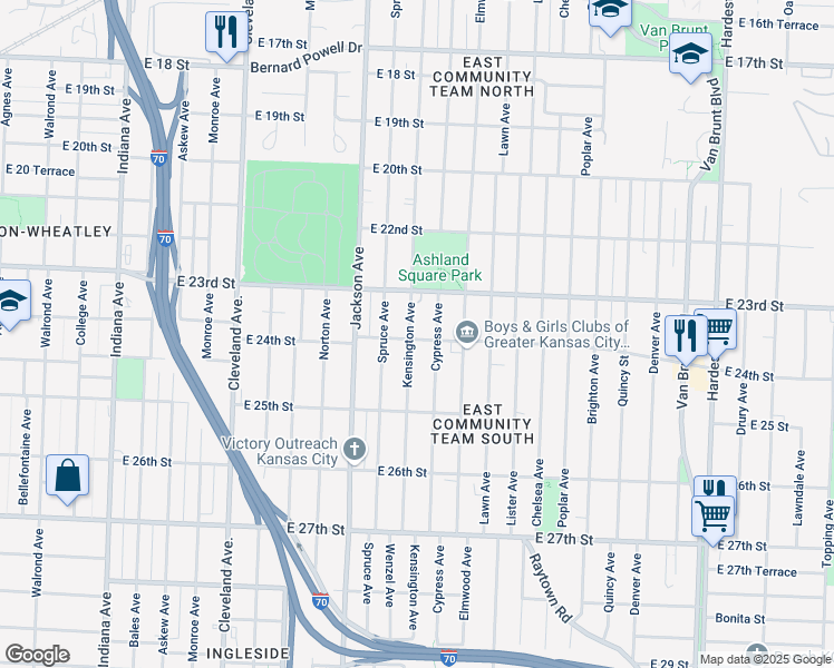 map of restaurants, bars, coffee shops, grocery stores, and more near 4404 East 24th Street in Kansas City