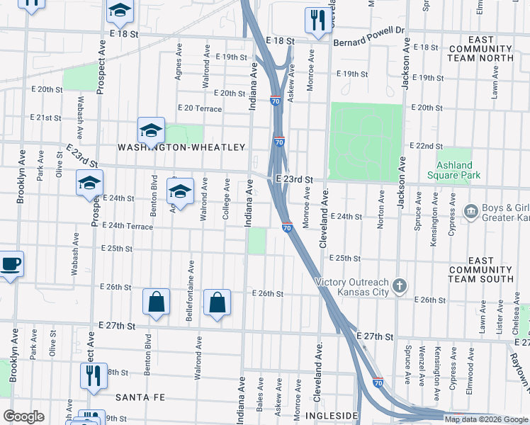 map of restaurants, bars, coffee shops, grocery stores, and more near 2410 Bales Avenue in Kansas City