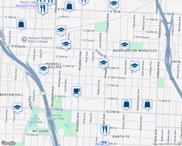 map of restaurants, bars, coffee shops, grocery stores, and more near 2422 Olive Street in Kansas City