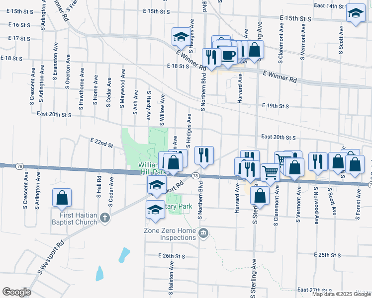 map of restaurants, bars, coffee shops, grocery stores, and more near 2100 South Hedges Avenue in Independence