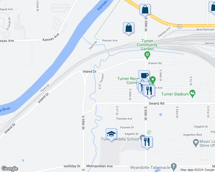 map of restaurants, bars, coffee shops, grocery stores, and more near 5725 Clark Street in Kansas City