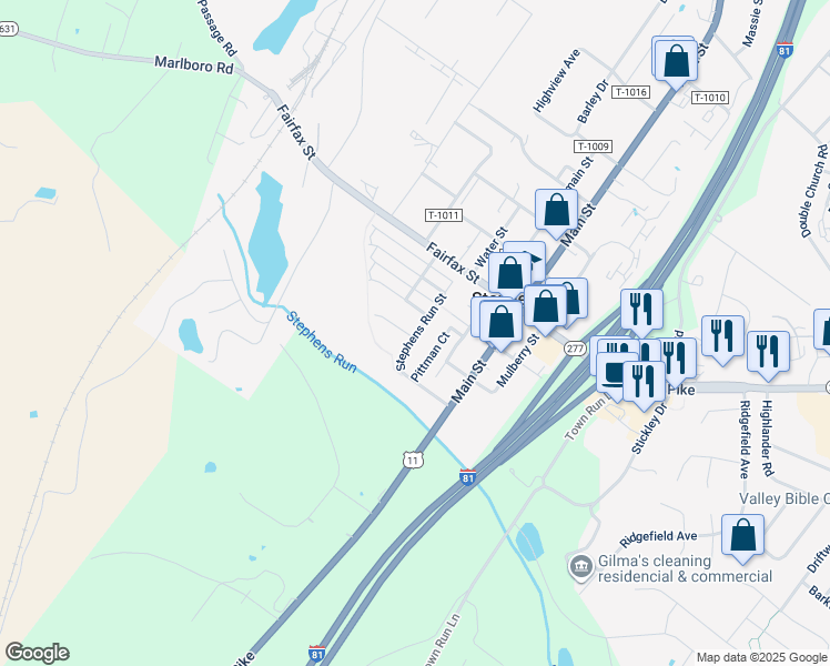 map of restaurants, bars, coffee shops, grocery stores, and more near 102 Half Penny Court in Stephens City