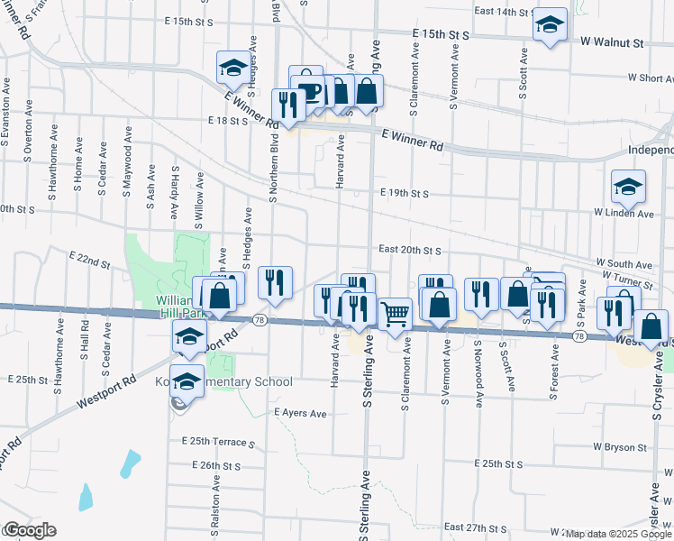 map of restaurants, bars, coffee shops, grocery stores, and more near 15022 East Westport Road in Independence