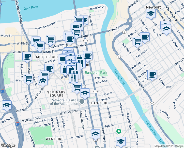 map of restaurants, bars, coffee shops, grocery stores, and more near 125 East 8th Street in Covington