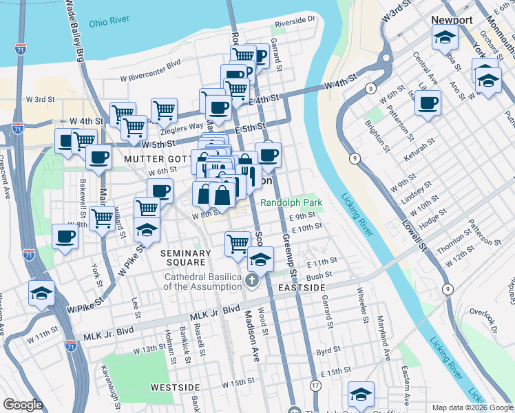 map of restaurants, bars, coffee shops, grocery stores, and more near 111 East 8th Street in Covington