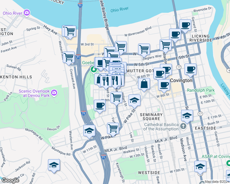 map of restaurants, bars, coffee shops, grocery stores, and more near in Covington