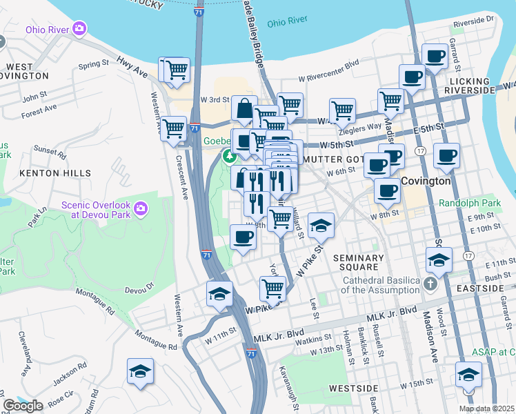 map of restaurants, bars, coffee shops, grocery stores, and more near 701 Bakewell Street in Covington