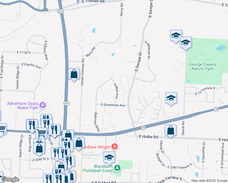 map of restaurants, bars, coffee shops, grocery stores, and more near 17613 East 19th Street Court South in Independence