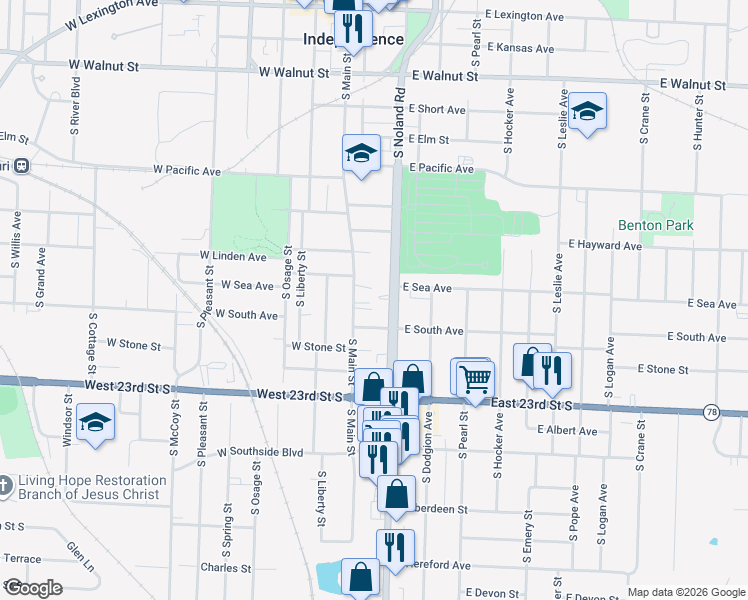 map of restaurants, bars, coffee shops, grocery stores, and more near 906 South Noland Road in Independence