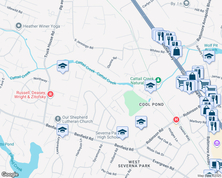 map of restaurants, bars, coffee shops, grocery stores, and more near 411 Fernwood Drive in Severna Park