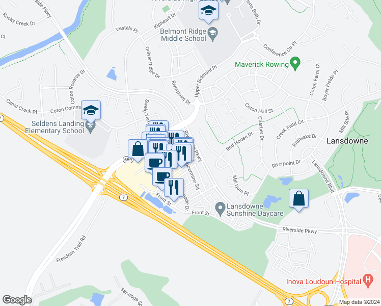 map of restaurants, bars, coffee shops, grocery stores, and more near 19199 Winmeade Drive in Leesburg