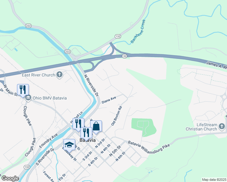 map of restaurants, bars, coffee shops, grocery stores, and more near 140 East Charles Street in Batavia