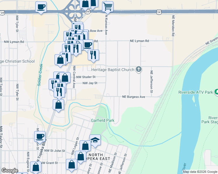 map of restaurants, bars, coffee shops, grocery stores, and more near 1916 North Kansas Avenue in Topeka