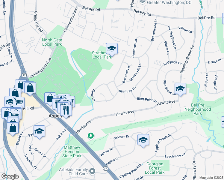 map of restaurants, bars, coffee shops, grocery stores, and more near 3508 Beret Lane in Silver Spring