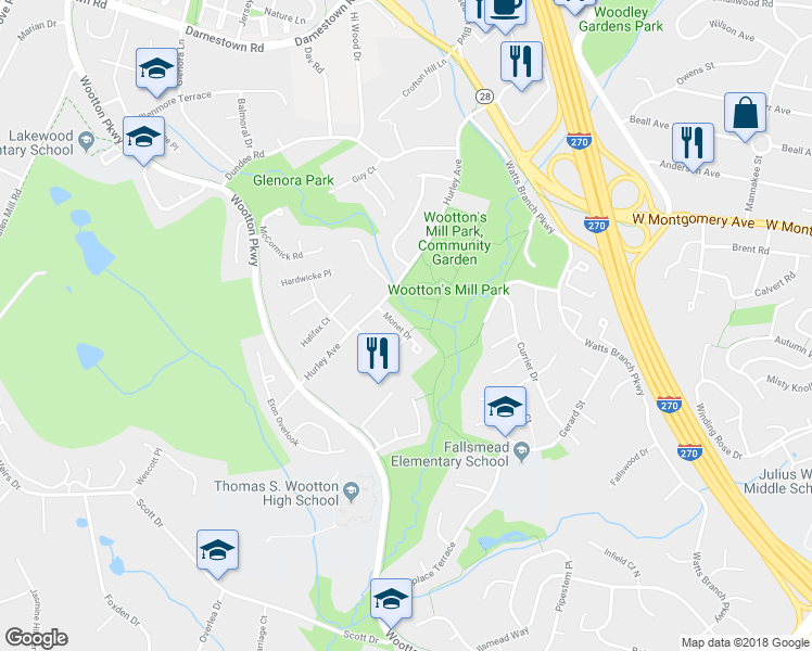 map of restaurants, bars, coffee shops, grocery stores, and more near 522 Monet Drive in Rockville