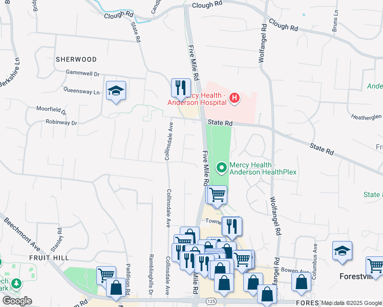 map of restaurants, bars, coffee shops, grocery stores, and more near 7437 Kendara Court in Cincinnati