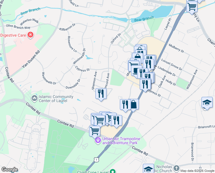 map of restaurants, bars, coffee shops, grocery stores, and more near 7702 Lexington Avenue in Laurel