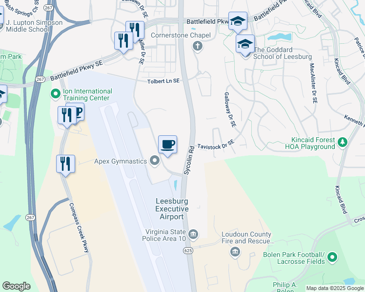 map of restaurants, bars, coffee shops, grocery stores, and more near 803 Sycolin Road in Leesburg
