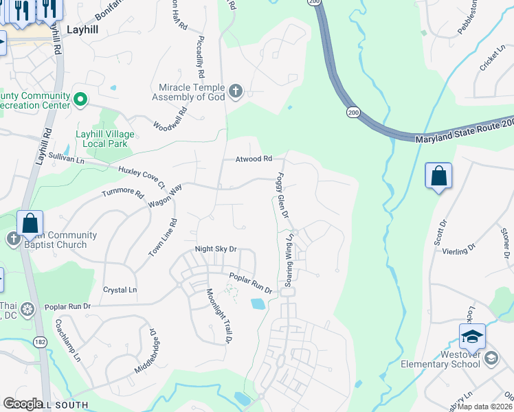 map of restaurants, bars, coffee shops, grocery stores, and more near 1400 Squaw Hill Lane in Silver Spring
