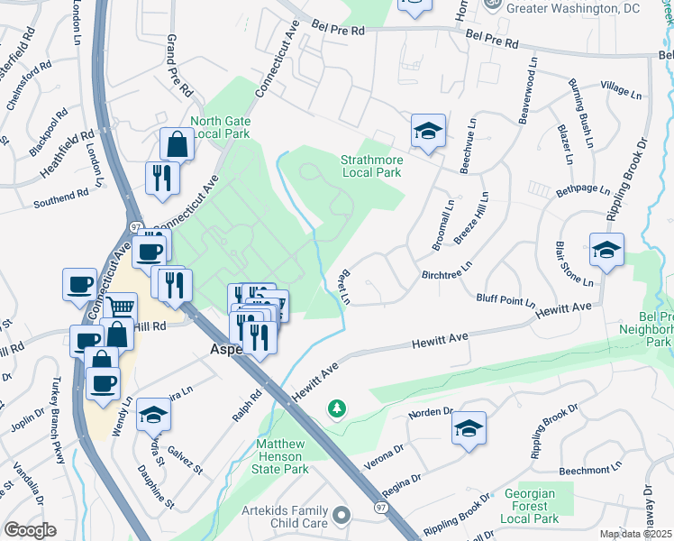 map of restaurants, bars, coffee shops, grocery stores, and more near 3412 Beret Lane in Silver Spring
