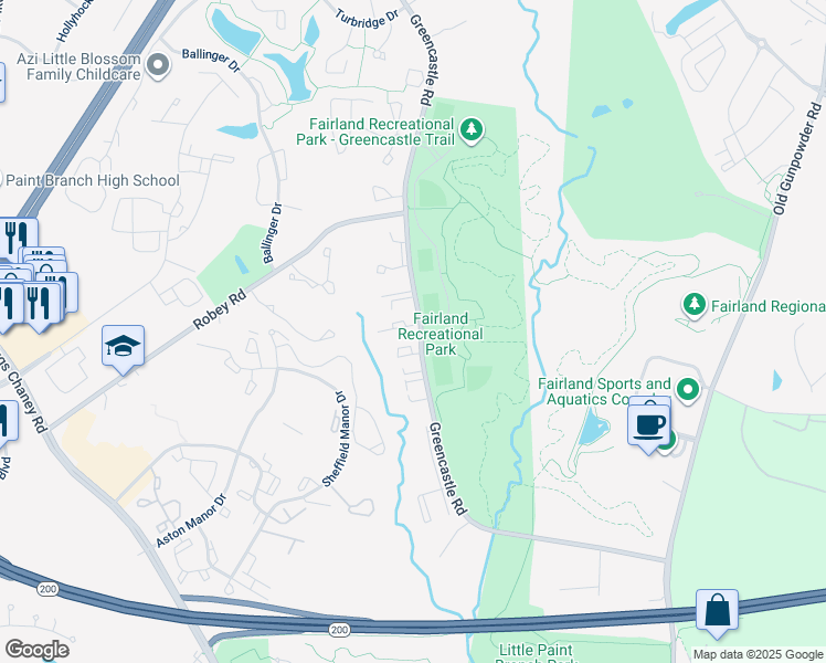 map of restaurants, bars, coffee shops, grocery stores, and more near 3839 Wildlife Lane in Burtonsville