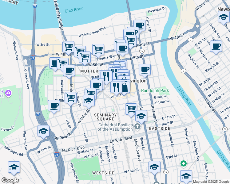 map of restaurants, bars, coffee shops, grocery stores, and more near 726a Washington Street in Covington