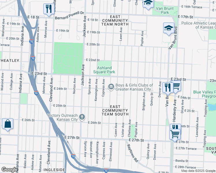 map of restaurants, bars, coffee shops, grocery stores, and more near 2328 Elmwood Avenue in Kansas City