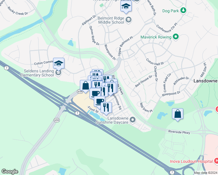map of restaurants, bars, coffee shops, grocery stores, and more near 19267 Winmeade Drive in Leesburg