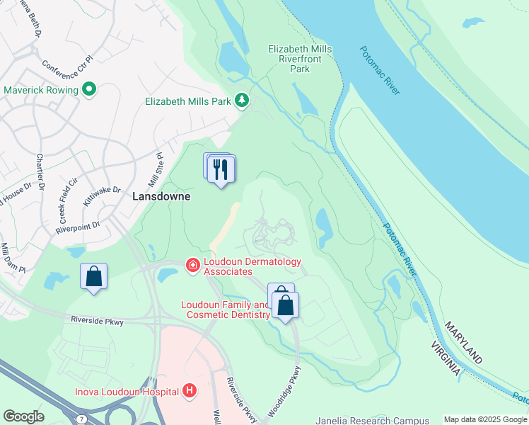 map of restaurants, bars, coffee shops, grocery stores, and more near 19350 Magnolia Grove Square in Leesburg