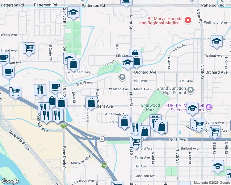 map of restaurants, bars, coffee shops, grocery stores, and more near 1635 Balsam Court in Grand Junction
