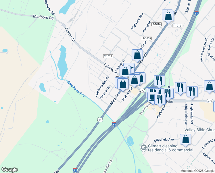 map of restaurants, bars, coffee shops, grocery stores, and more near 153 Pittman Court in Stephens City