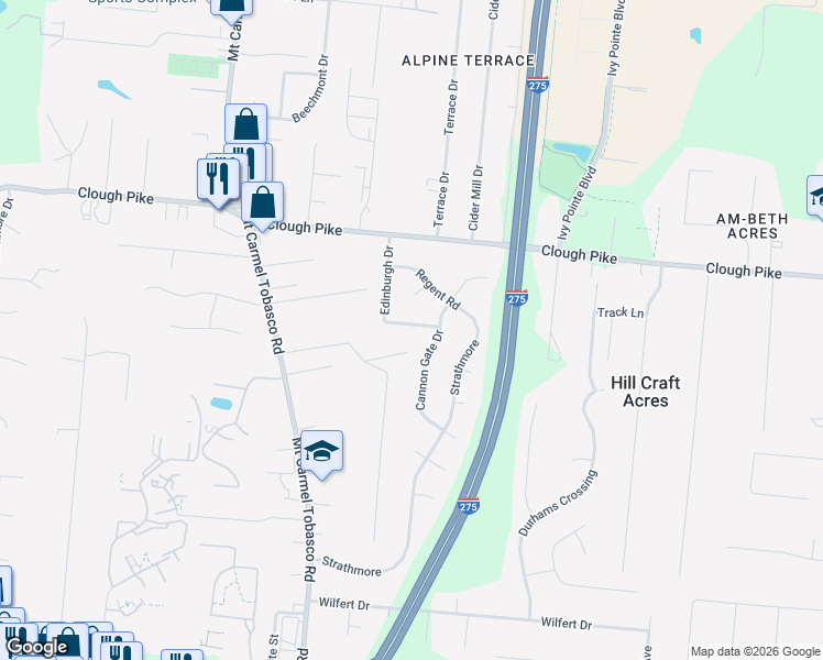 map of restaurants, bars, coffee shops, grocery stores, and more near 4185 Edinburgh Drive in Cincinnati