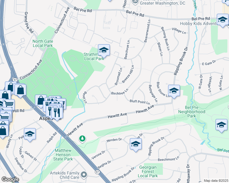 map of restaurants, bars, coffee shops, grocery stores, and more near 3109 Birchtree Lane in Silver Spring