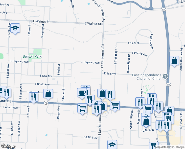 map of restaurants, bars, coffee shops, grocery stores, and more near 1525 East Sea Avenue in Independence