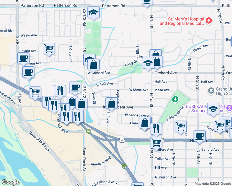 map of restaurants, bars, coffee shops, grocery stores, and more near 1625 Poplar Drive in Grand Junction