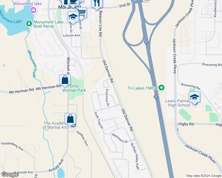 map of restaurants, bars, coffee shops, grocery stores, and more near 2306 Creek Valley Circle in Monument