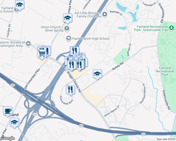 map of restaurants, bars, coffee shops, grocery stores, and more near 13842 Castle Boulevard in Colesville