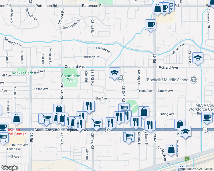 map of restaurants, bars, coffee shops, grocery stores, and more near 534 Normandy Way in Grand Junction
